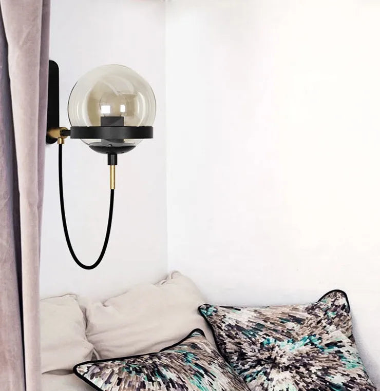 Modern retro wall lamp with LED light, glass shade, push button switch, and Black or Gold finish