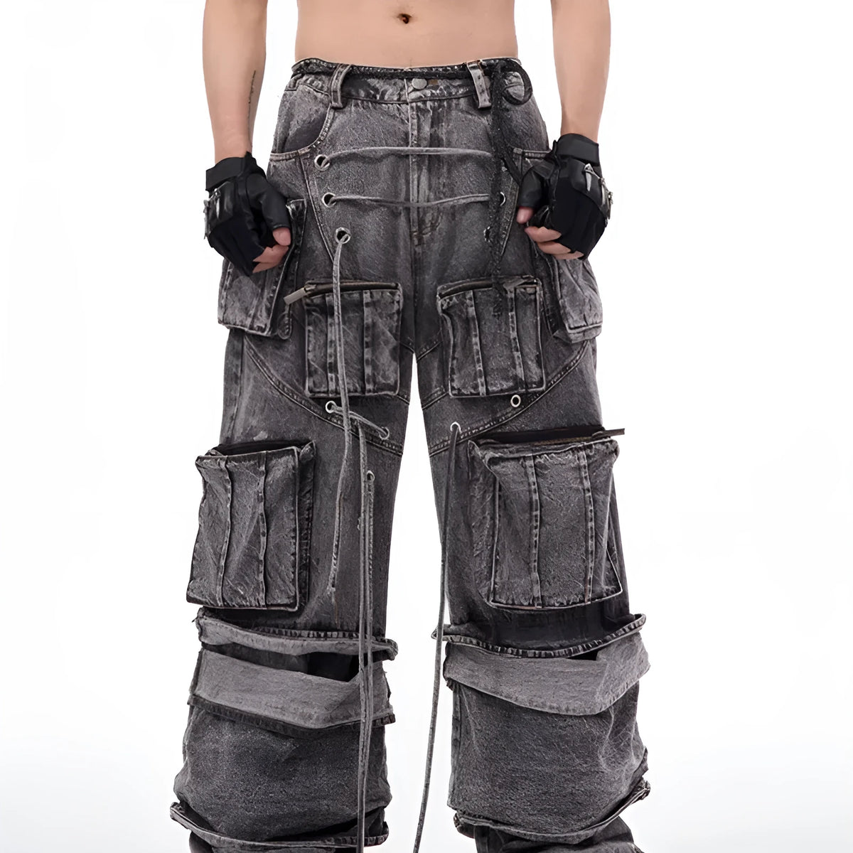 Grey distressed denim overalls with rope stitching on the legs, shown in a casual fit.