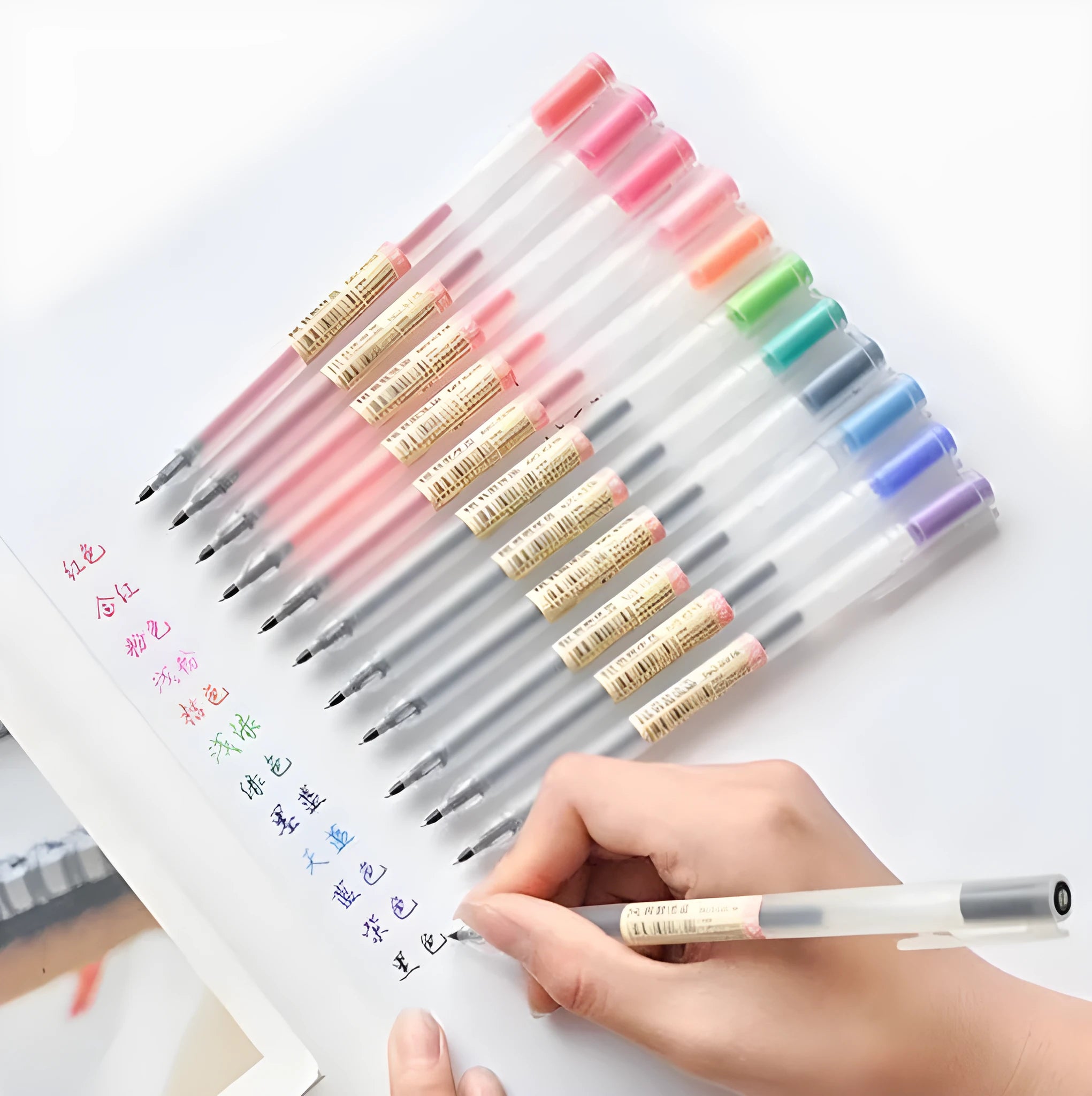 Muji 12 Piece Gel Pen Set showing multiple pens with 0.5mm tips and aqueous ink