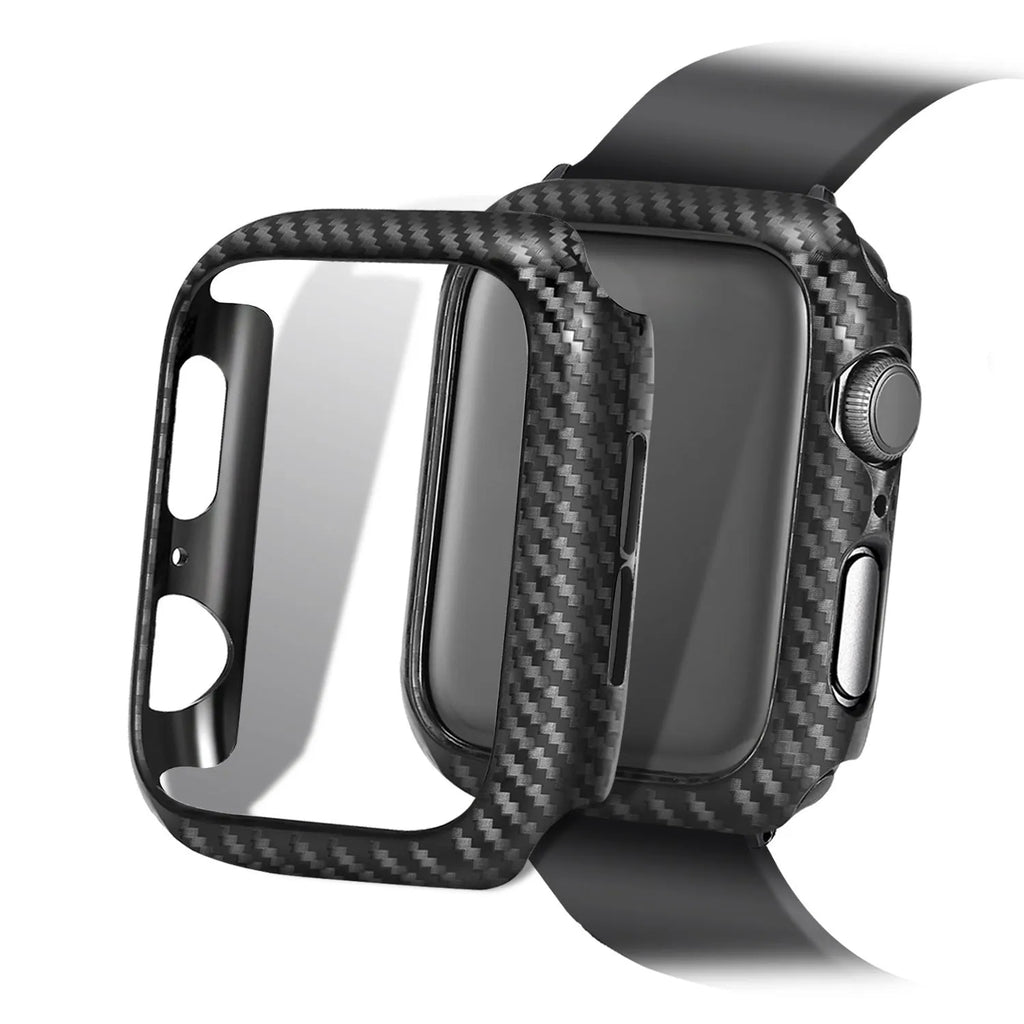 Leather Apple Watch strap with carbon fibre pattern in black, blue, orange, or red colours for 38mm 40mm or 42mm 44mm cases.