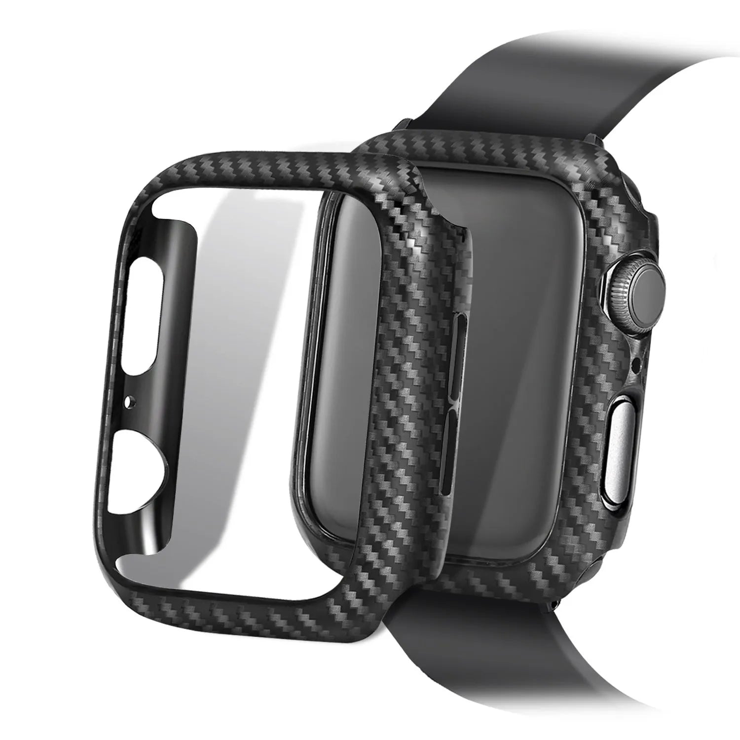 Leather Apple Watch strap with carbon fibre pattern in black, blue, orange, or red colours for 38mm 40mm or 42mm 44mm cases.