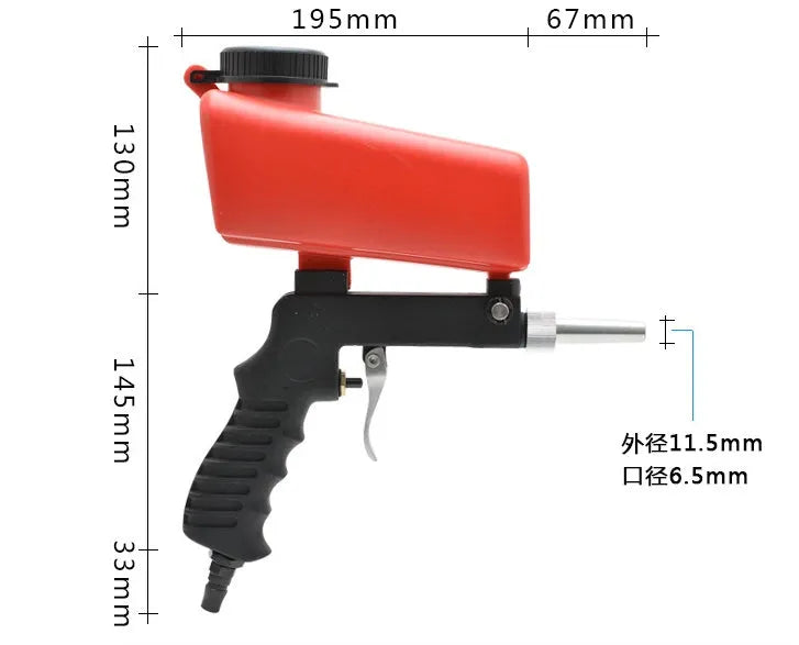 Portable black pneumatic sandblasting gun with top-mounted tank and spray nozzle.