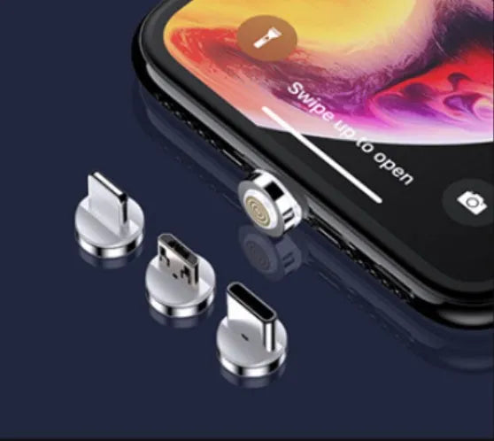 Black magnetic charging cable with LED lights showing USB-C and lightning connectors