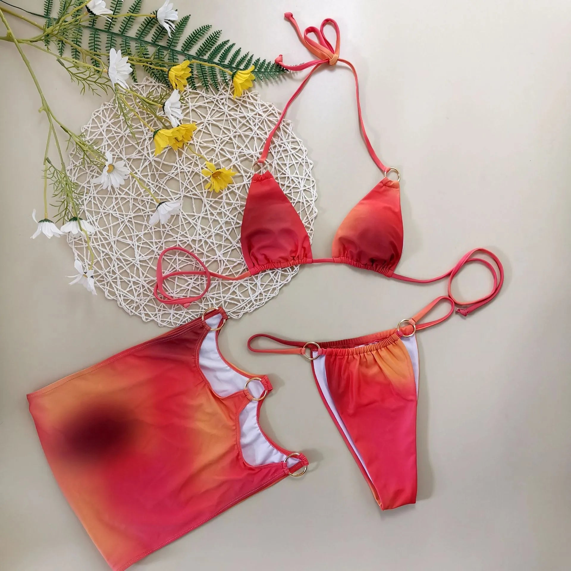 Tie-dye gradient three-piece halter bikini swimwear set with quick-drying polyester fabric
