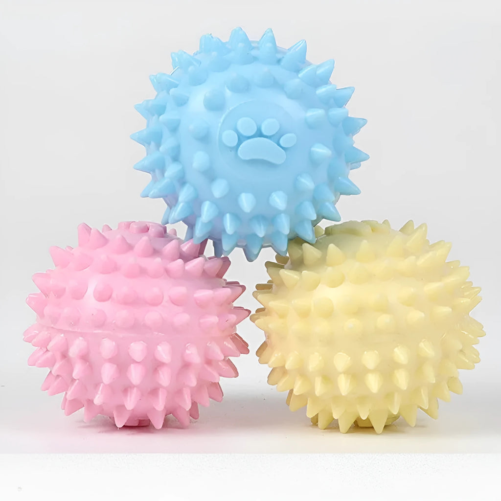 Blue TPR rubber dog chewing ball with footprint texture for tooth cleaning, 6cm diameter