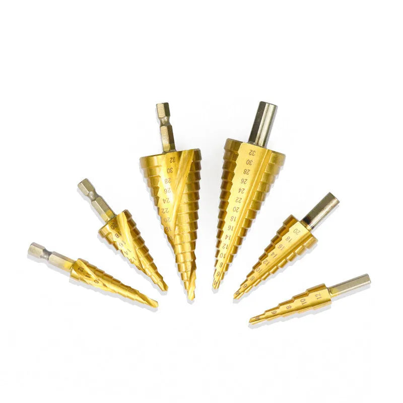 High-speed steel cone drill bit punch set with centre punch in six colour-coded configurations