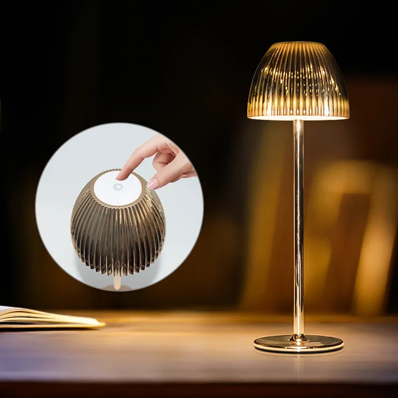 Modern dimmable night lamp with thin round base in black or white, featuring USB charging