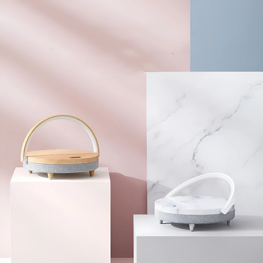 Wireless charging night light with Bluetooth speaker and phone holder in marble pattern finish