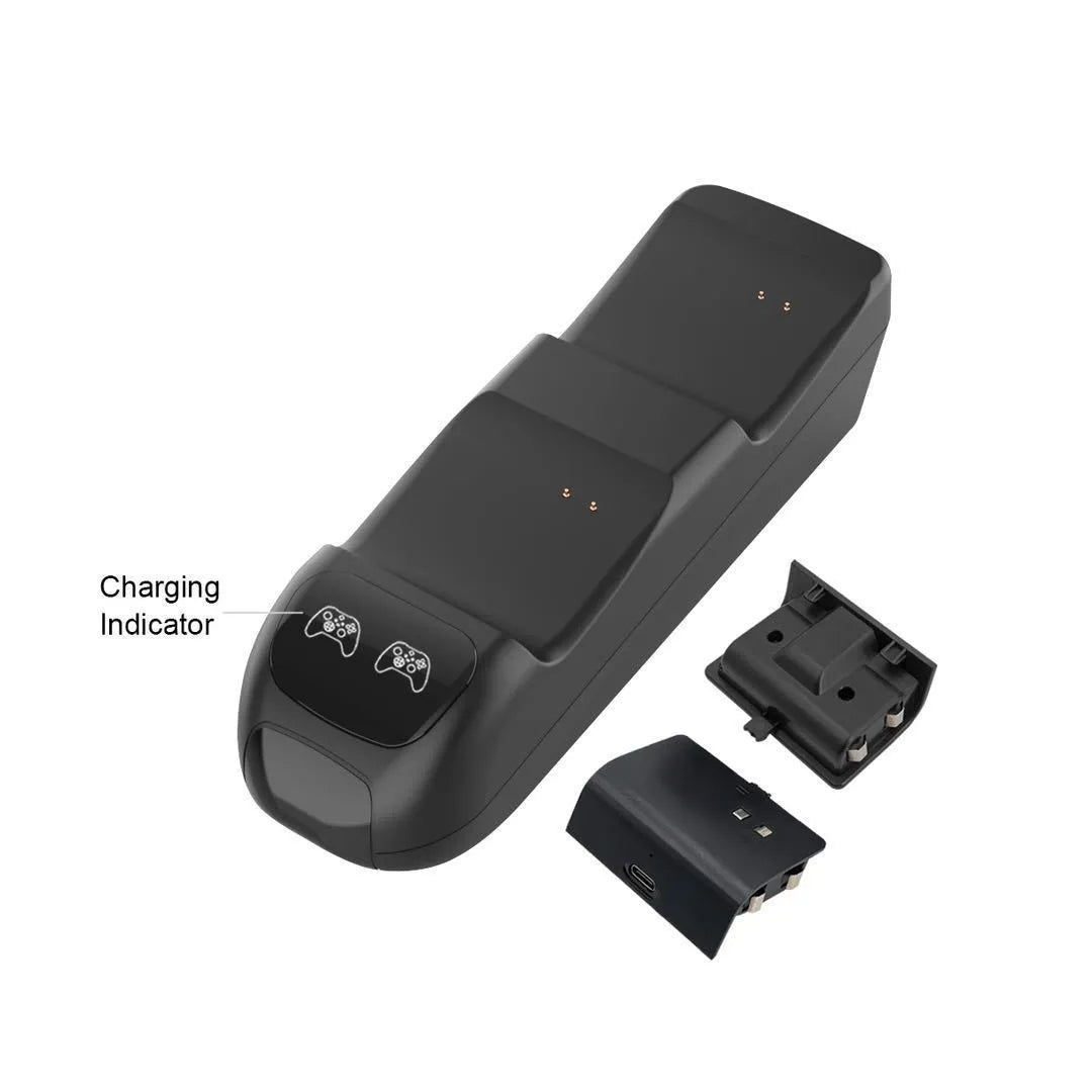Black Xbox Series X dual controller wireless charging station with LED lights and two battery packs