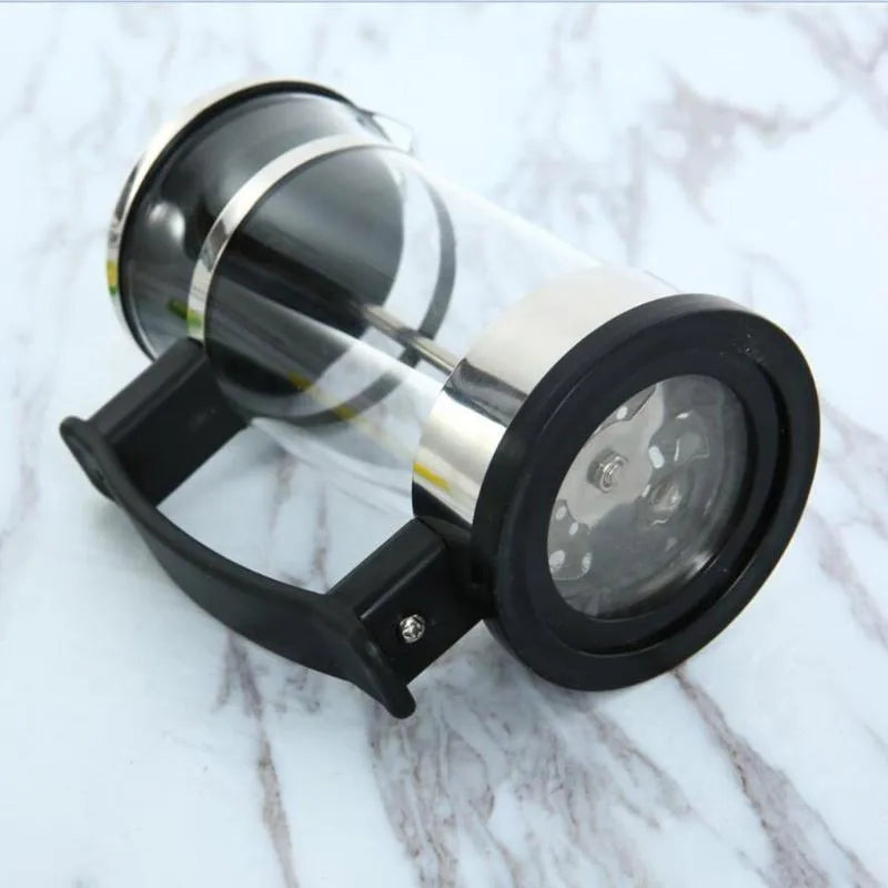 Glass manual coffee maker with stainless steel filter, 350ml capacity, dimensions 10cm by 8cm by 17cm.