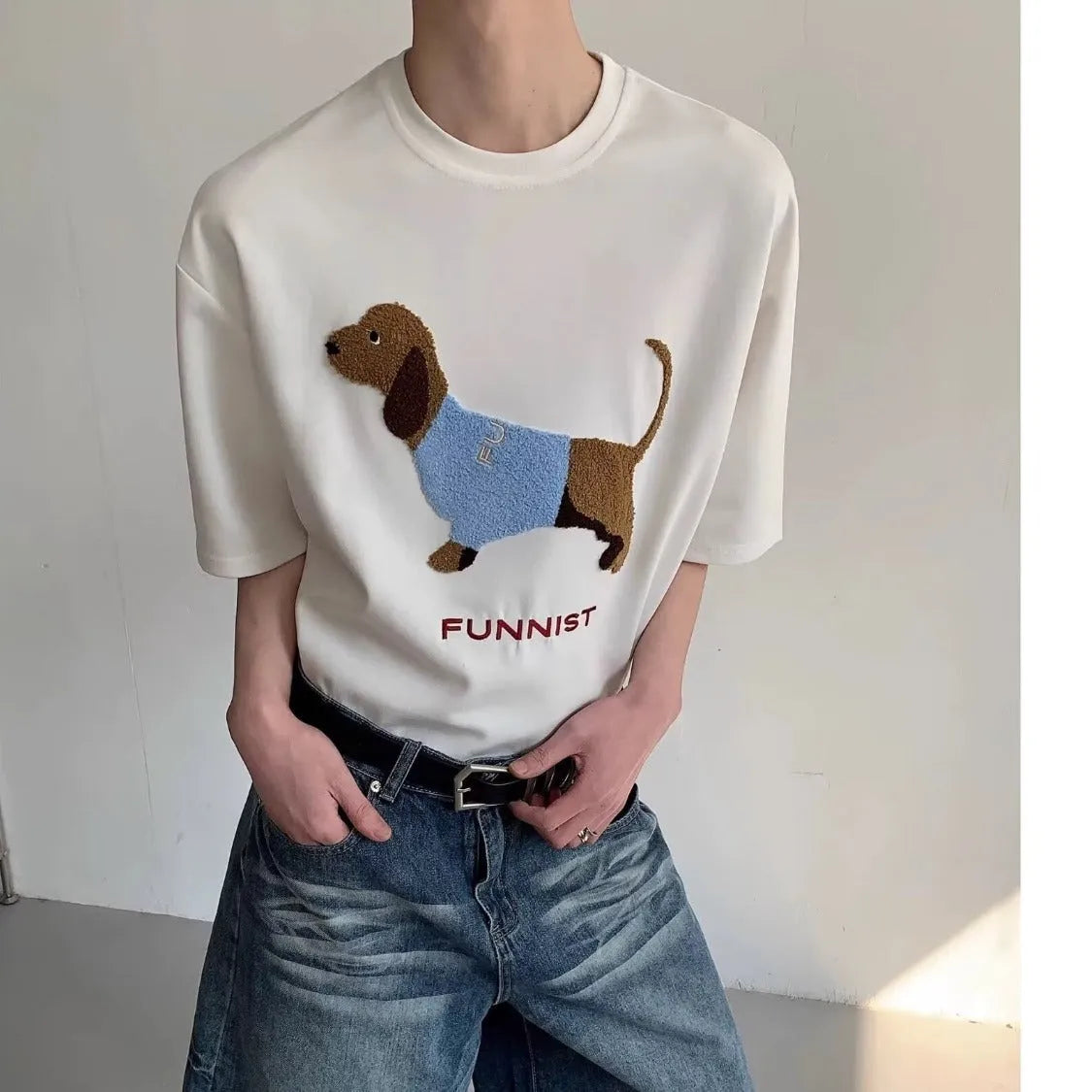 Men's gray T-shirt with embroidered sausage dog design on front