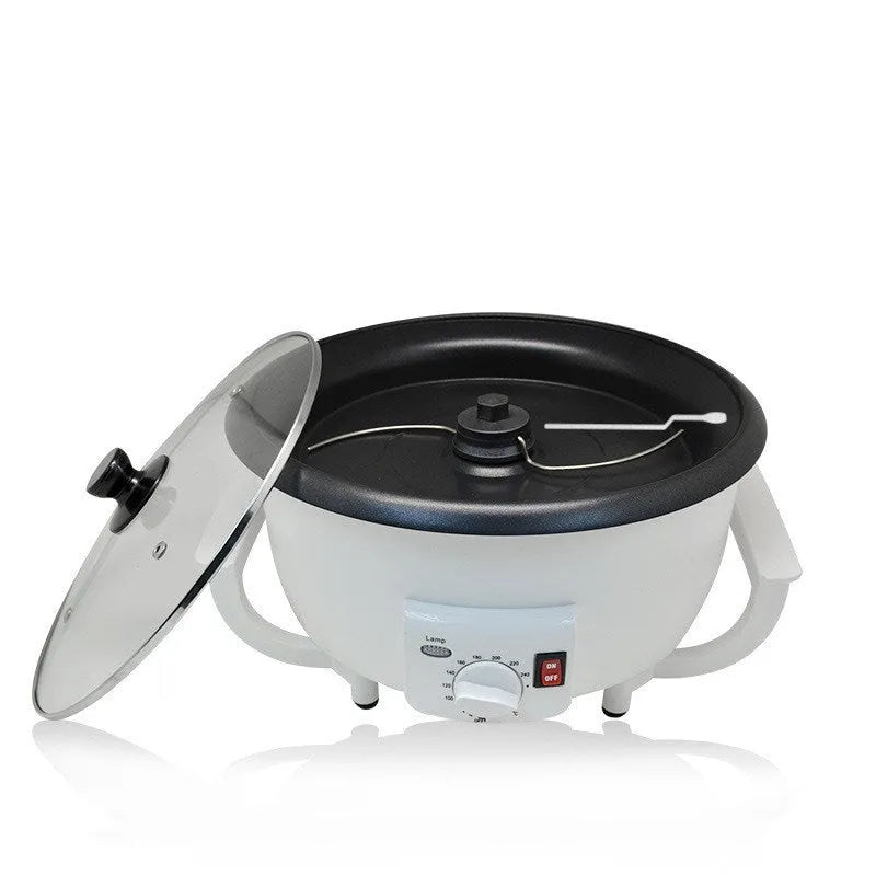 White oblate-shaped home coffee bean roasting machine with 750g capacity.