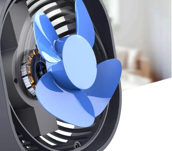 USB-powered alarm clock style desk fan with rotating head in blue, pink, white, or green.