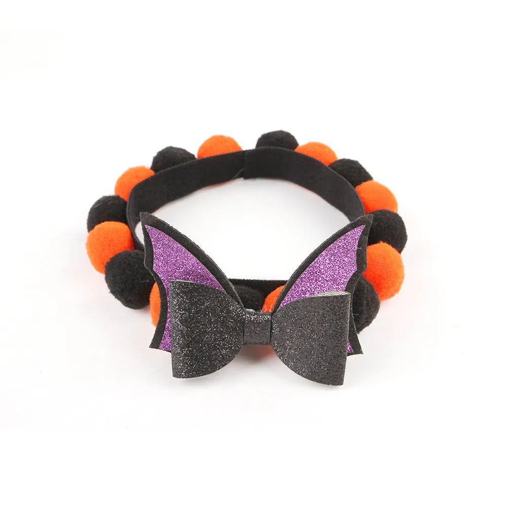 Halloween pet collar with fur ball decorations in various Halloween designs for dogs and cats