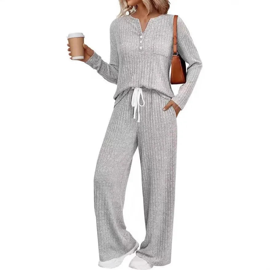 Women's V-neck striped knit long coat with lace-up details and matching pants in light grey colour