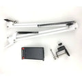Black adjustable phone tablet stand with 360-degree rotating head on wooden desk