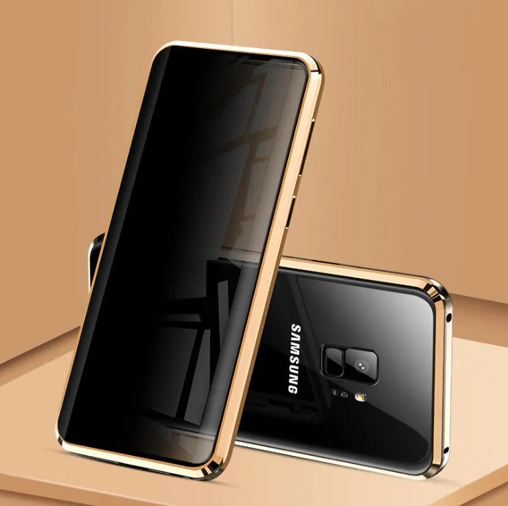 Black anti-peeping magnetic clamshell phone case for Samsung phones shown closed.