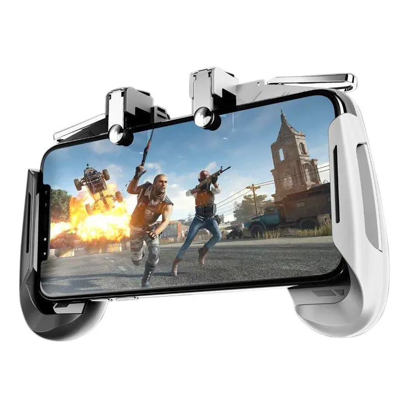 Multifunctional mobile game handle with adjustable clamp holding a smartphone, showing removable thumbsticks and trigger buttons