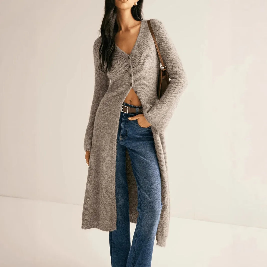 Khaki women's long sleeve cardigan coat with button front in a French retro style.