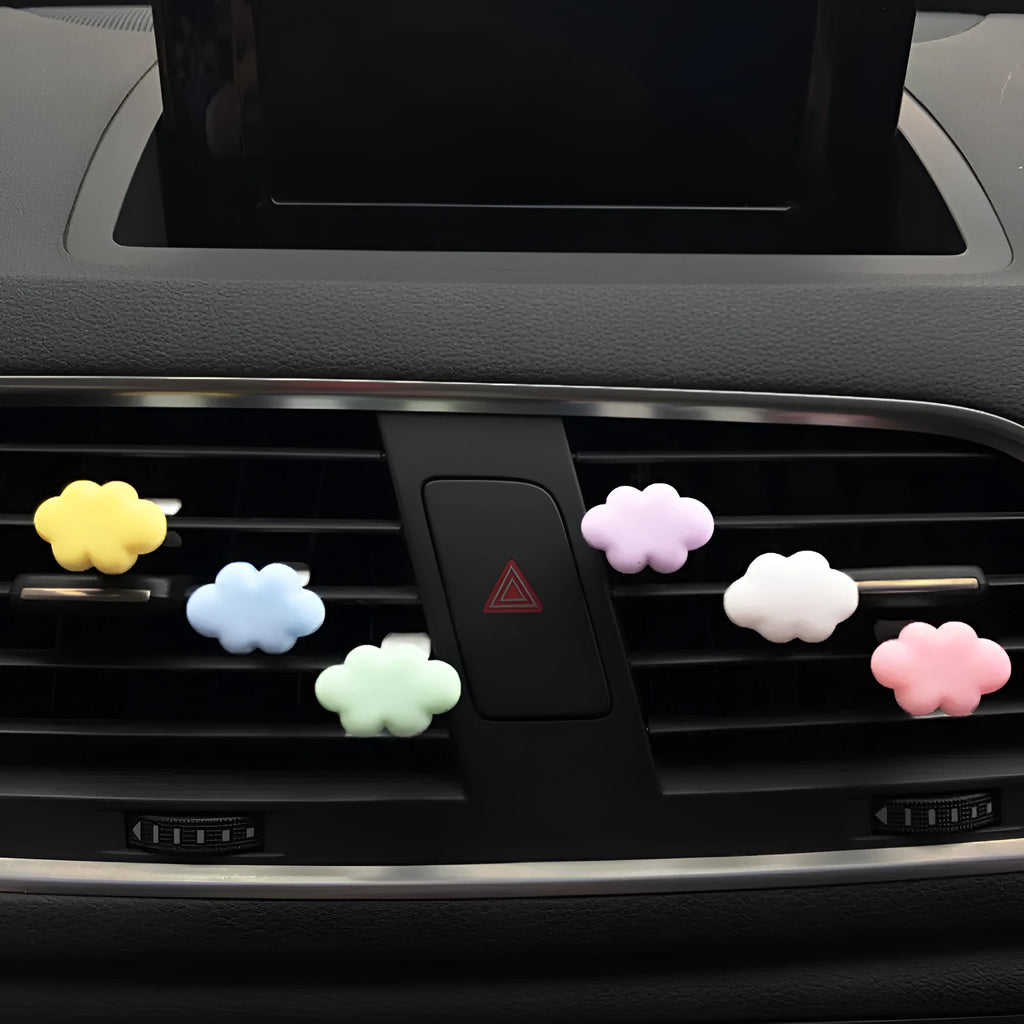 Resin car fragrance clip with cartoon cloud design in six colour options
