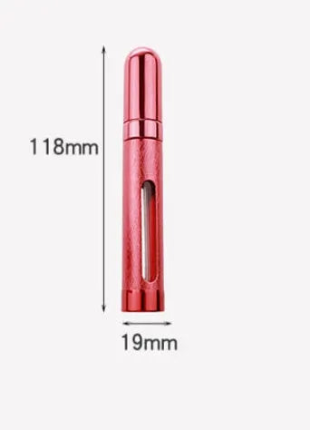 Slim 12ml aluminium travel perfume bottle with glass liner in choice of six colours including blue, gold, and pink.
