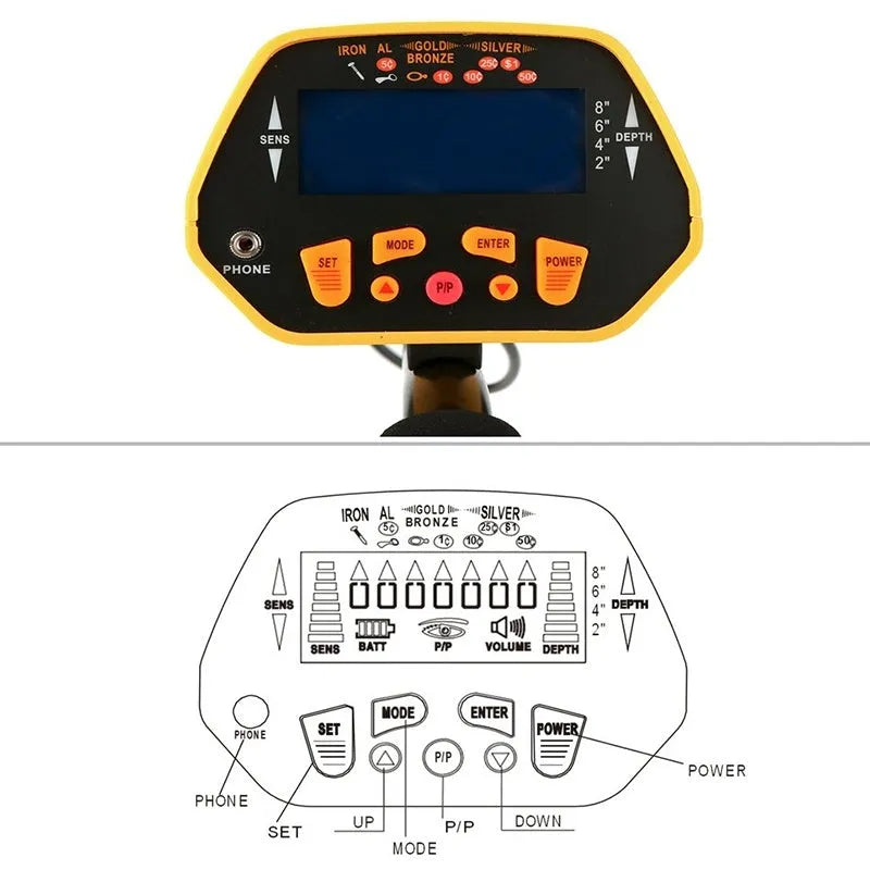 Black and yellow GC1028 professional metal detector with LCD display and waterproof search coil.