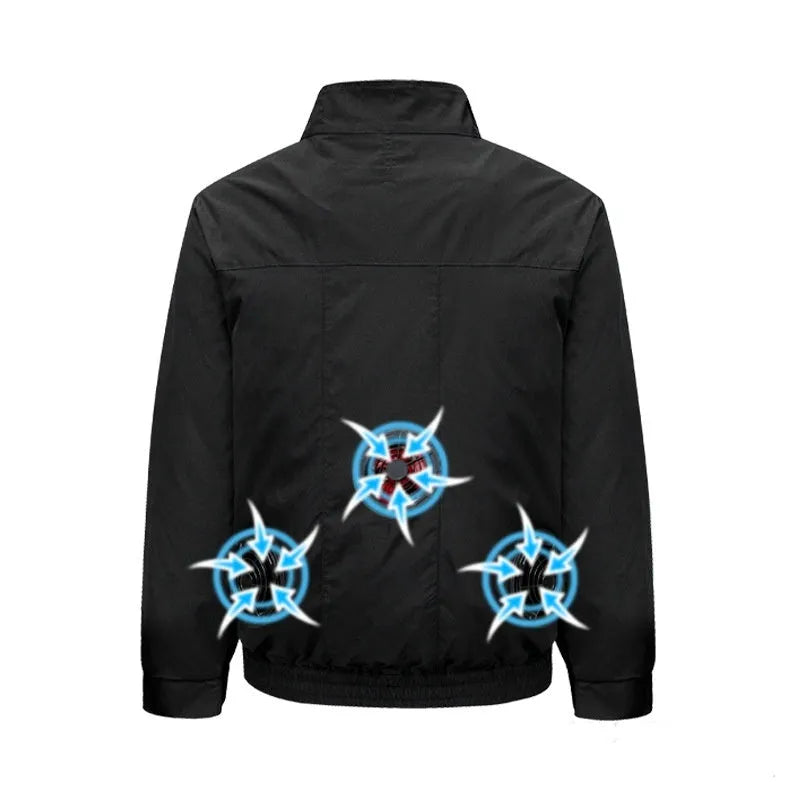 Men's black cooling work jacket with integrated fan system and ventilation holes for outdoor summer use
