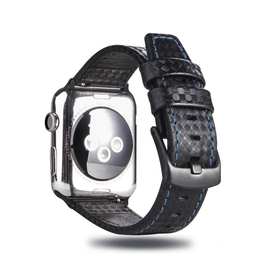Leather Apple Watch strap with carbon fibre pattern in black, blue, orange, or red colours for 38mm 40mm or 42mm 44mm cases.