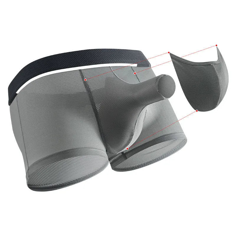 Men's solid colour Ice Silk nylon boxer underwear with mesh breathable fabric in black, grey, or white.
