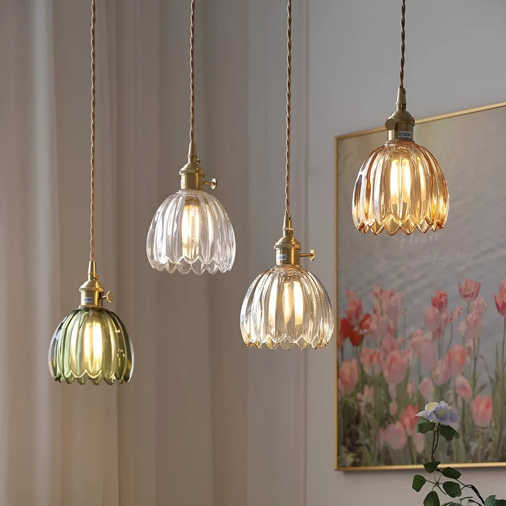 Vintage glass flower chandelier with Nordic design and multiple colour shade options for bedroom lighting