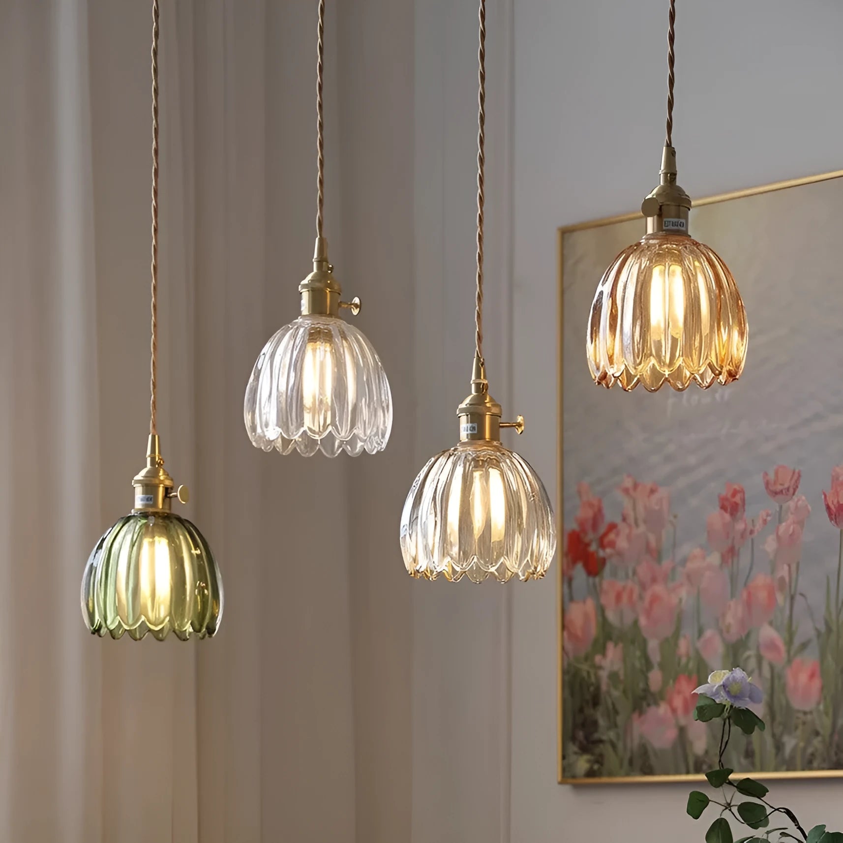 Vintage glass flower chandelier with Nordic design and multiple colour shade options for bedroom lighting