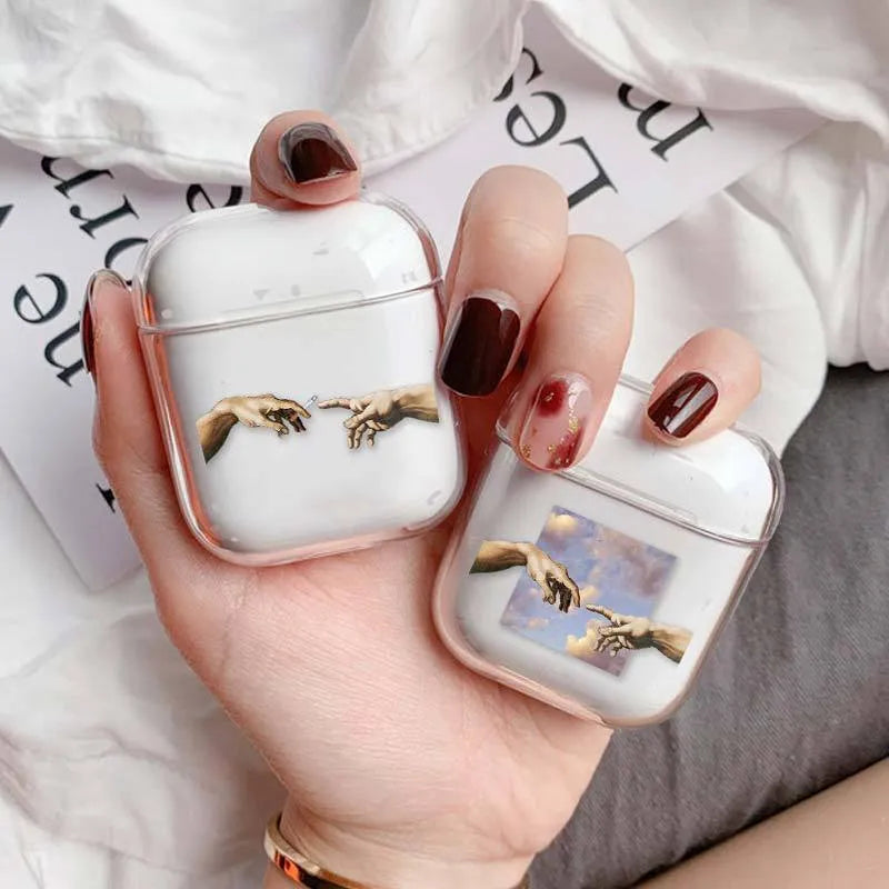 Transparent plastic AirPods protective case showing compatibility with Apple AirPods and AirPods Pro