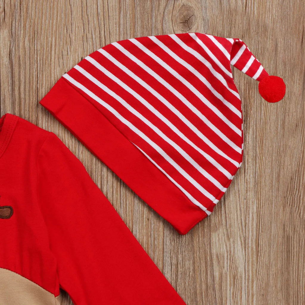 Christmas deer romper in red, long sleeve cotton unisex baby outfit for autumn and spring, sizes 70-100