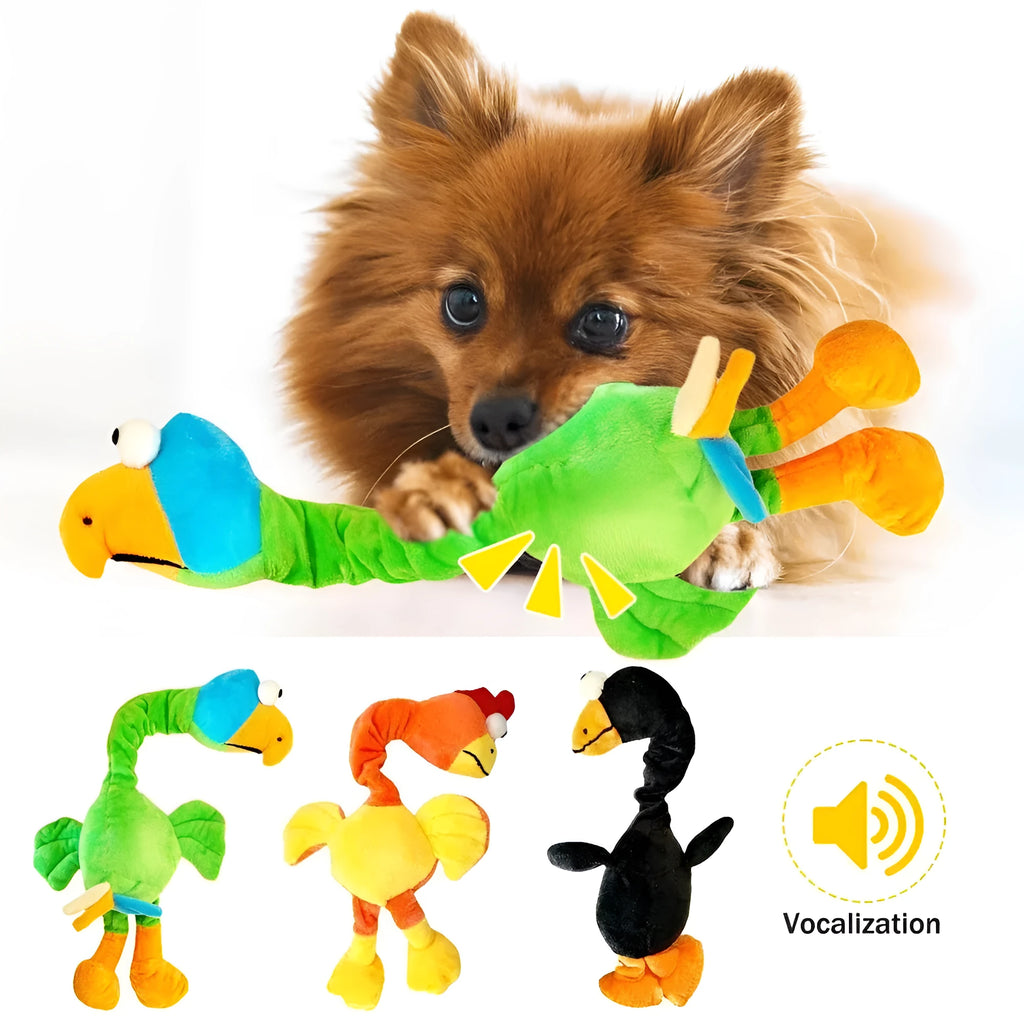 Chicken-shaped rubber dog toy producing screaming and squeaky sounds