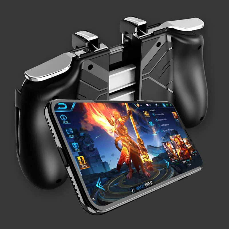 Multifunctional mobile game handle with adjustable clamp holding a smartphone, showing removable thumbsticks and trigger buttons