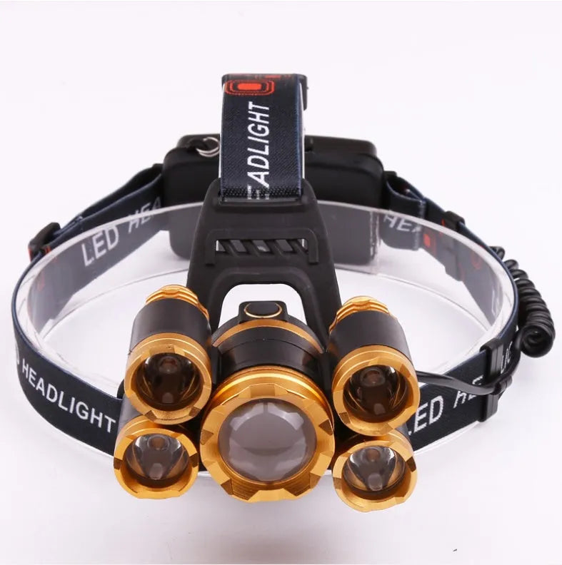 Gold aluminium alloy LED head torch with adjustable focus on an adjustable head strap.