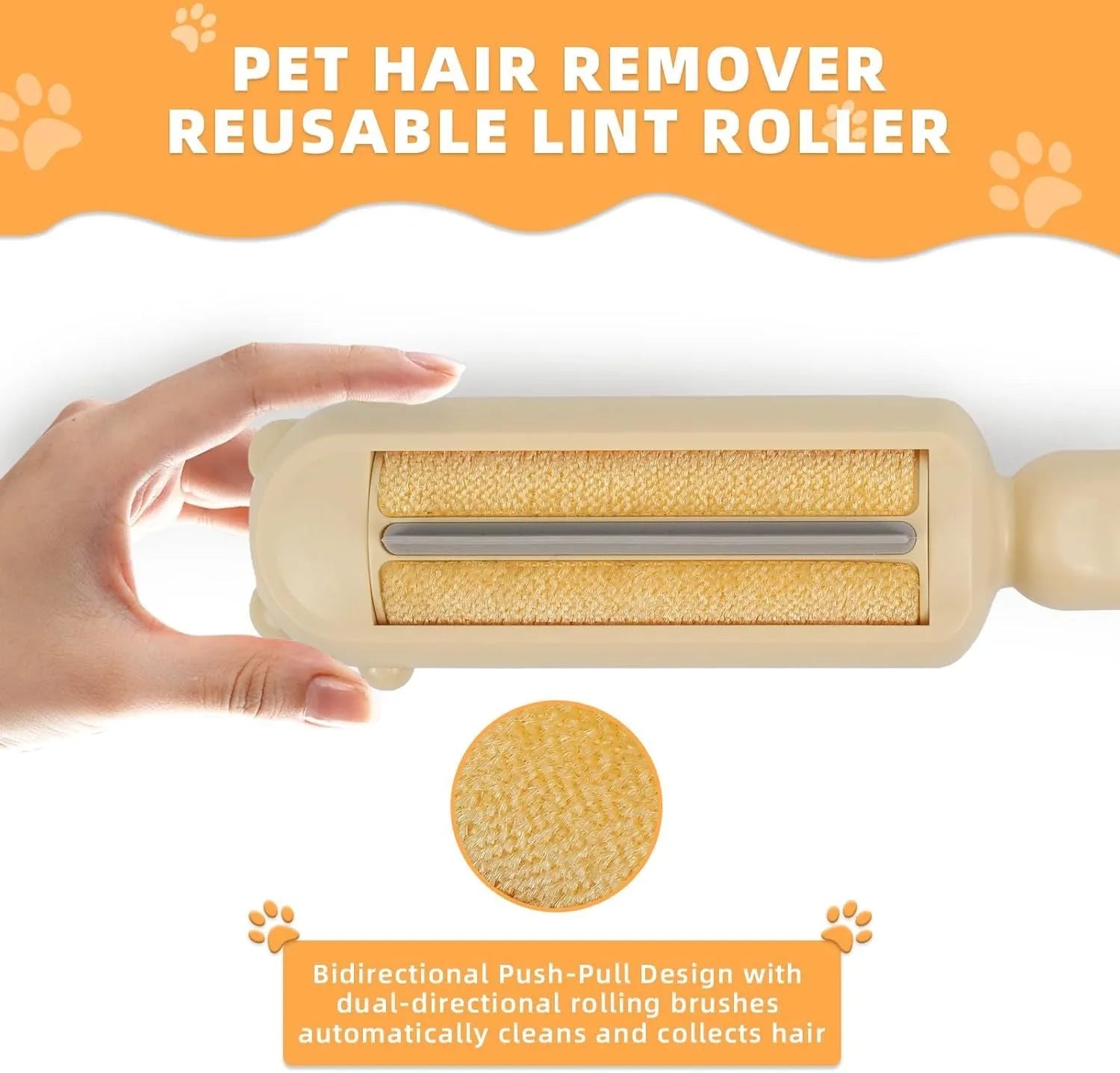 Blue pet hair remover with self-cleaning base on a fabric sofa