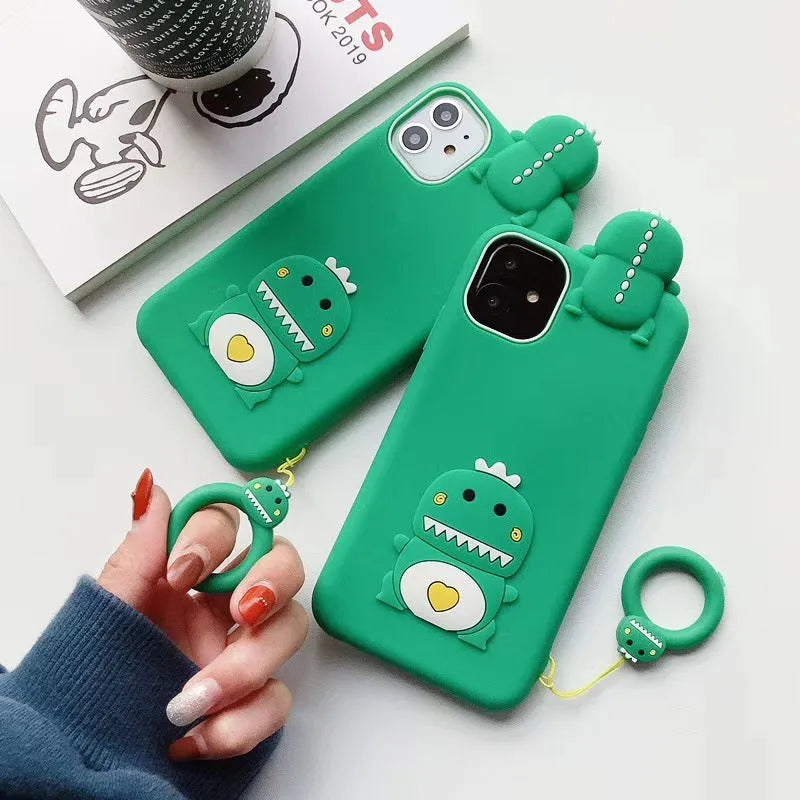 Green silicone iPhone case with animal cartoon design showing waterproof protective features