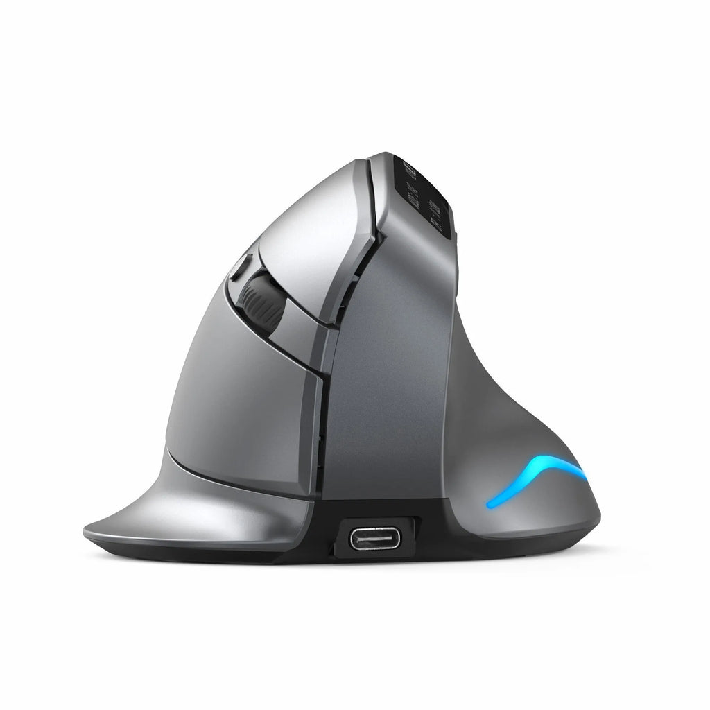 Grey vertical ergonomic mouse with wireless charging and Bluetooth connectivity for laptops