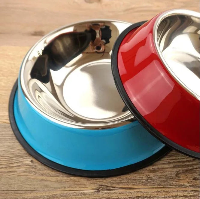 Stainless steel pet bowl with colourful melamine exterior and non-slip rubber base ring