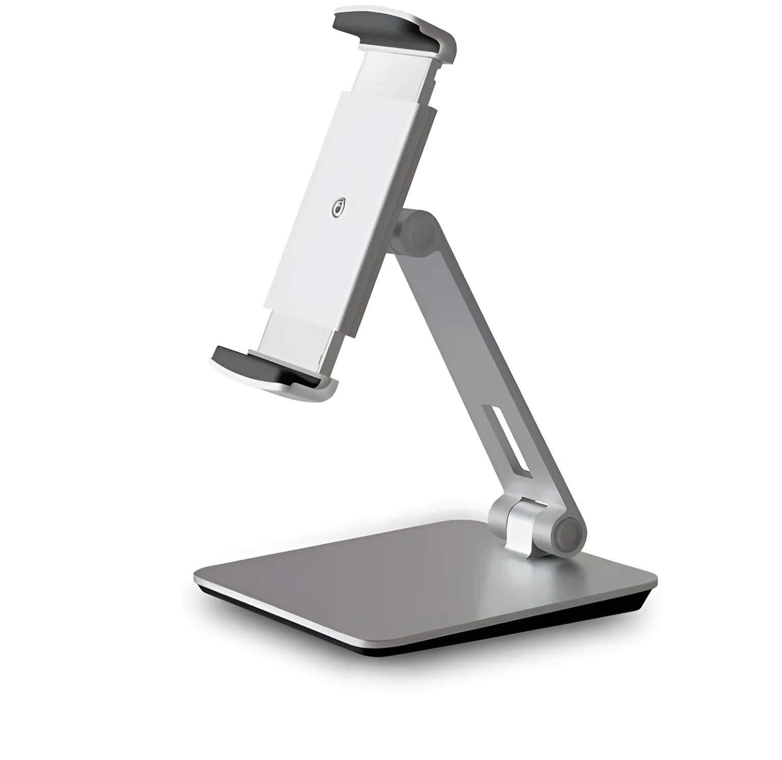 Silver foldable aluminium phone and tablet holder on a desk, showing 360-degree rotation feature.