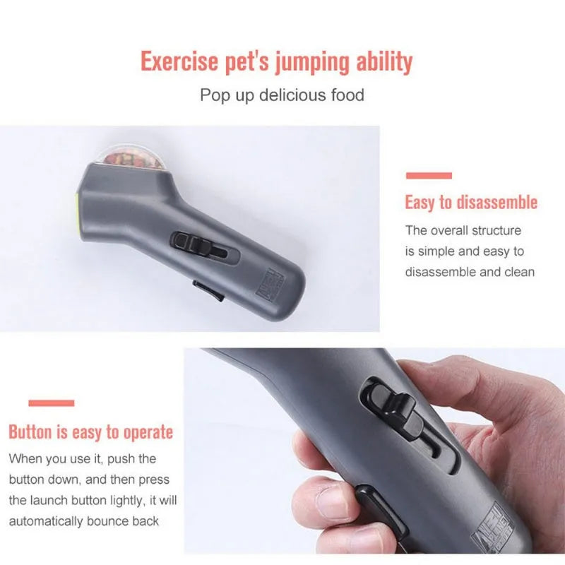 Grey pet snack catapult launcher for dog training measuring 18x7.5x3.5 cm
