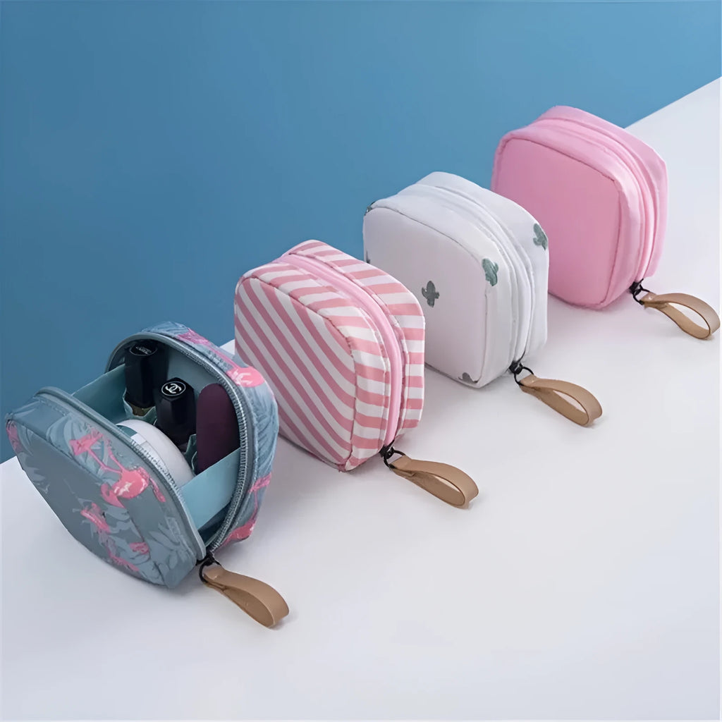 Soft cloth cube-shaped makeup storage bag in blue, pink, white, and white pink colour options.