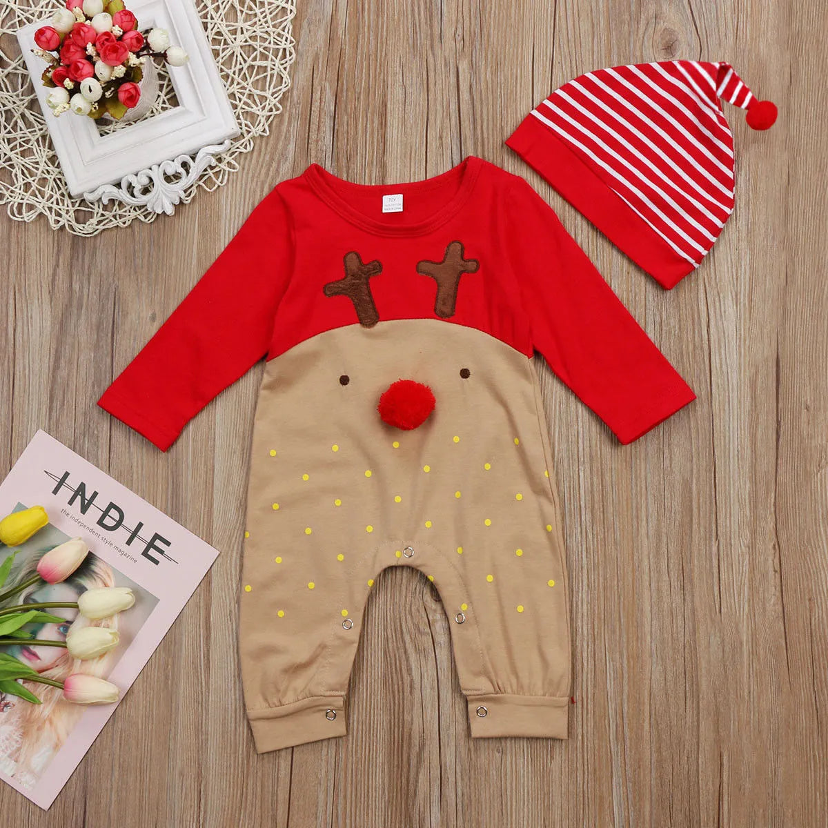Christmas deer romper in red, long sleeve cotton unisex baby outfit for autumn and spring, sizes 70-100