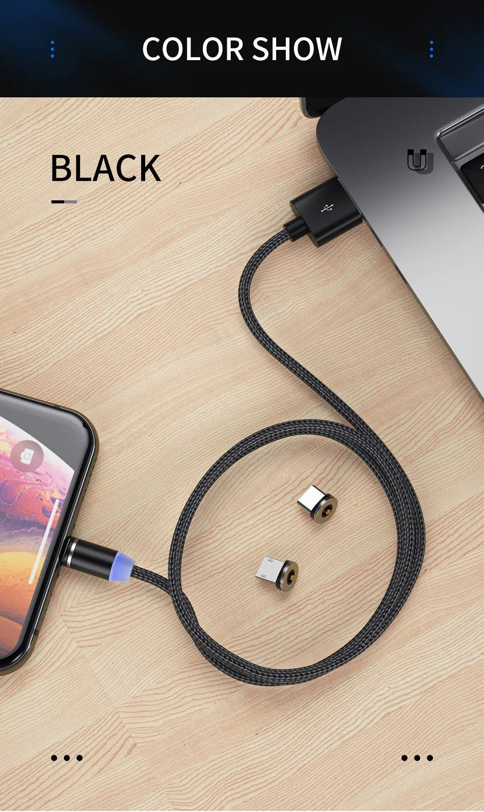 Black magnetic USB charging cable with LED light showing charging status