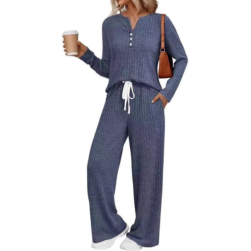 Women's V-neck striped knit long coat with lace-up details and matching pants in light grey colour