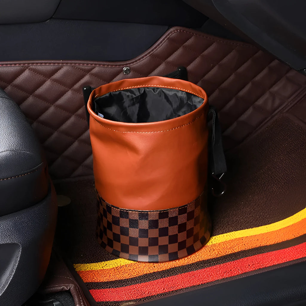 Retractable leather car trash can showing folding design and built-in handle