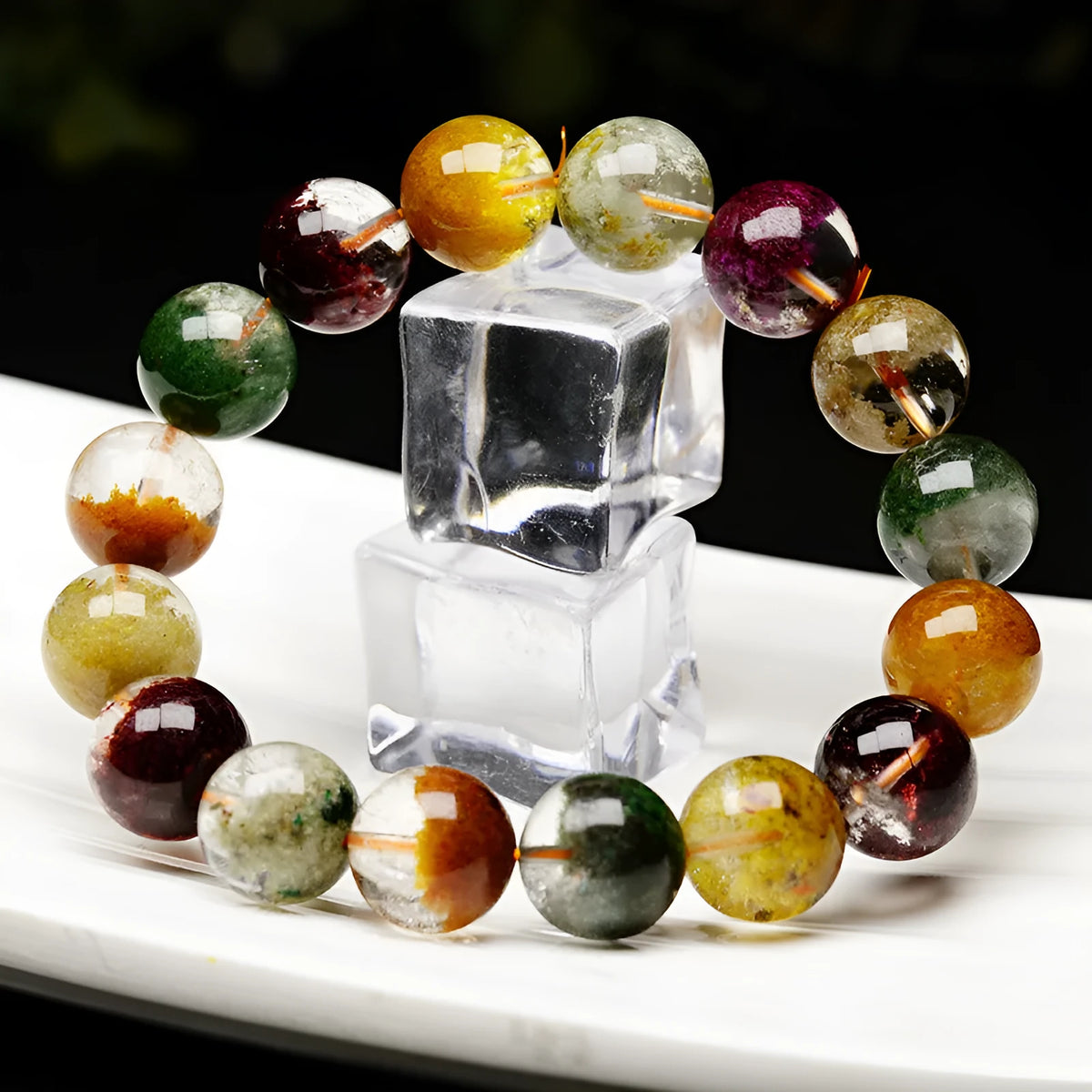 Crystal ethnic style bracelet with 10mm beads showing natural four seasons colourful ghost cornucopia design