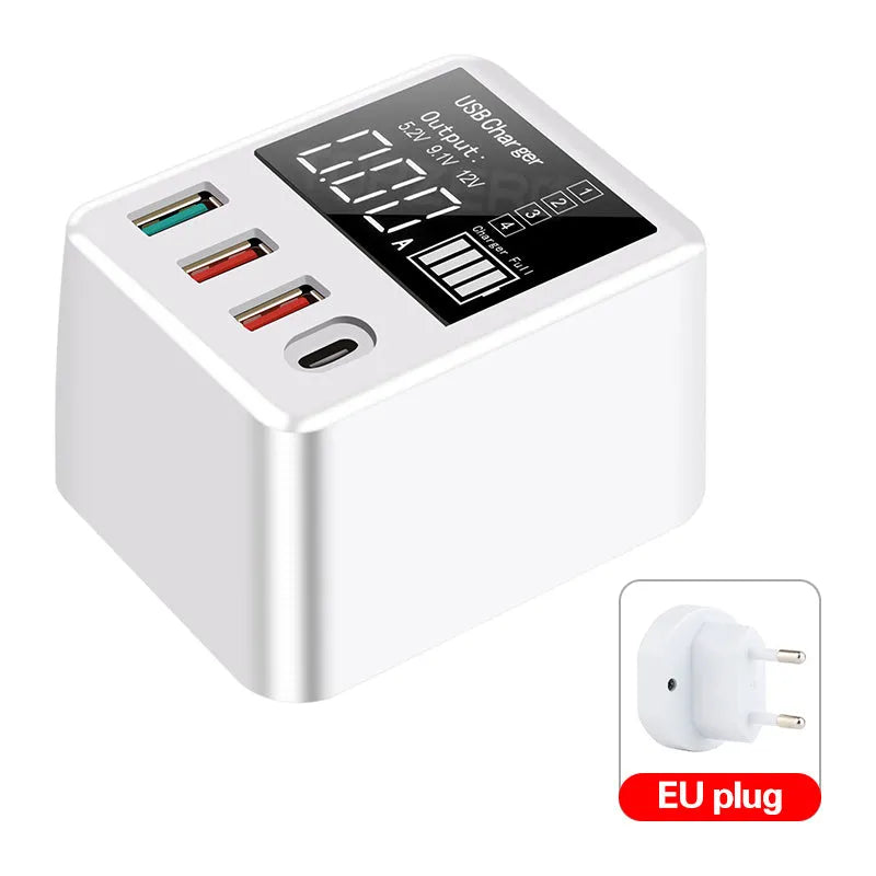 White A9T four-port USB travel wall charger with LED display and a UK three-pin plug.