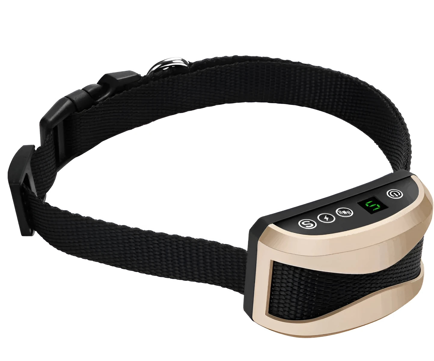 Black waterproof dog bark collar with digital display screen and adjustable reflective strap